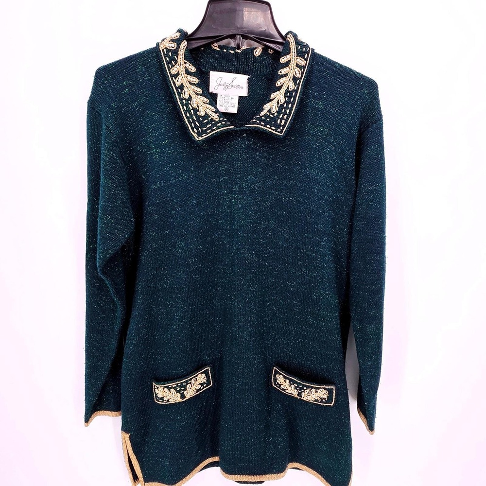 Vintage Jaclyn Smith Sparkle Knit Collar Embellished Sweater Top Green Size S‎